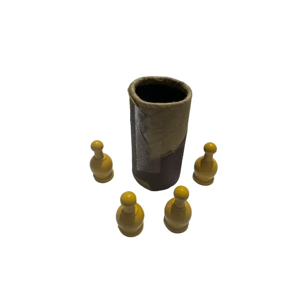 1939 Parcheesi Board Game Men Set of 4 and Shaker Cup Yellow